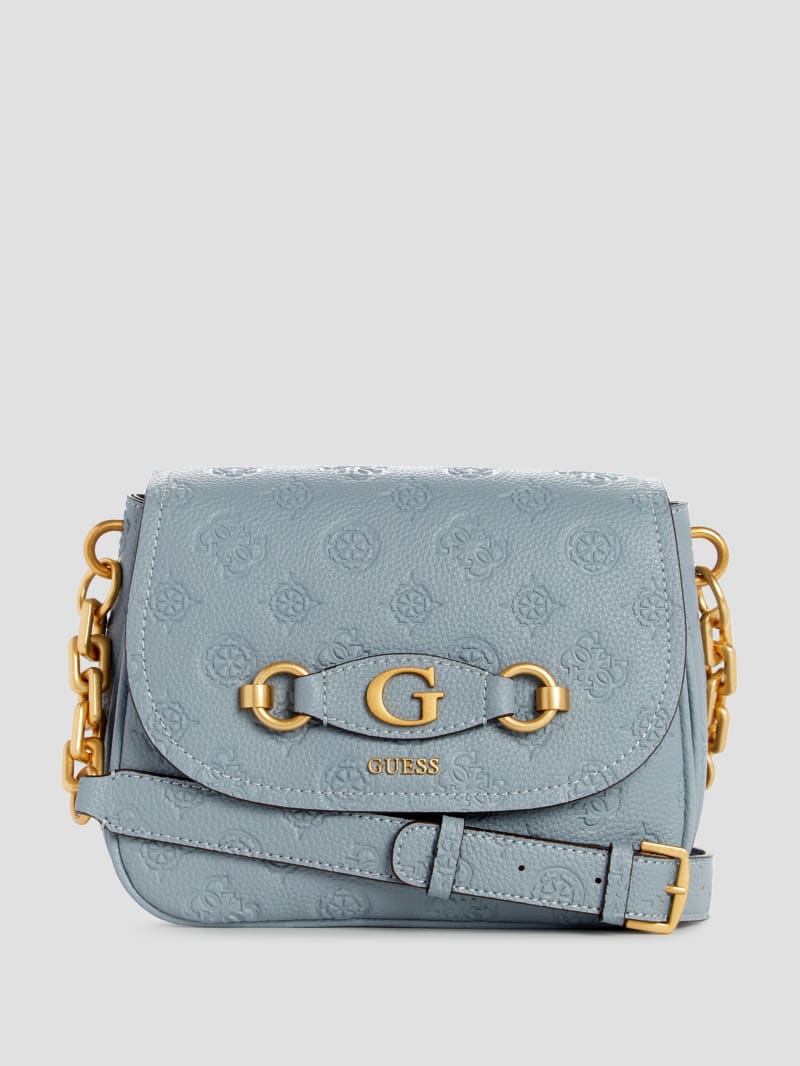 Guess Izzy Peony Tri-Compartment Flap Bag - Light Denim Logo Guess Izzy Peony Tri-Compartment Flap Bag - Light Denim Logo