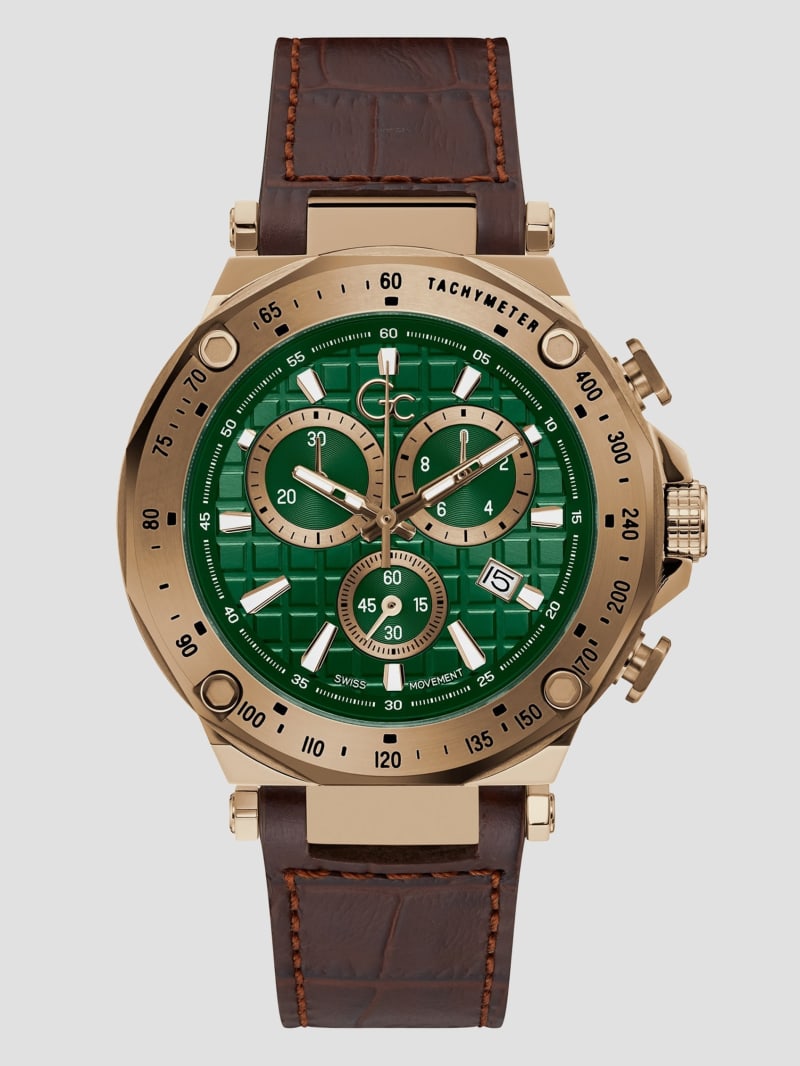 Guess Gc Gold-Tone and Brown Leather Chronograph Watch - Rose Gold Guess Gc Gold-Tone and Brown Leather Chronograph Watch - Rose Gold