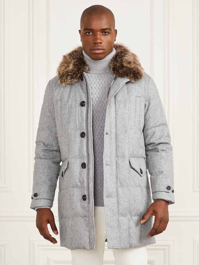 Guess Long Twill Jacket - Grey Herringbone Melange Guess Long Twill Jacket - Grey Herringbone Melange