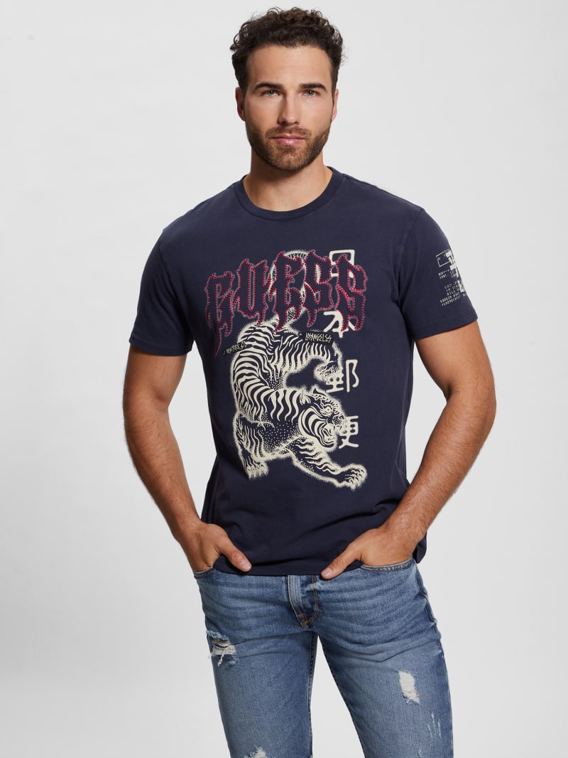Guess Embellished Peace Tiger Tee - Smart Blue Multi Guess Embellished Peace Tiger Tee - Smart Blue Multi