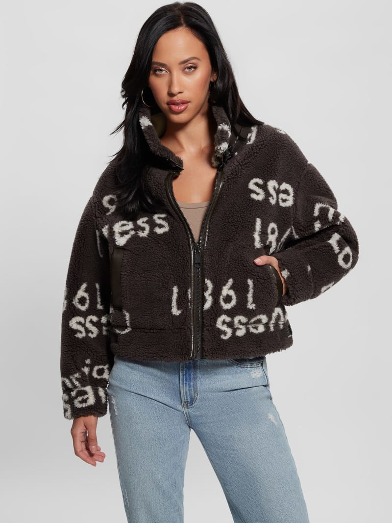 Guess Eco Raquel Reversible Biker Jacket - Brown And Cream Logo Guess Eco Raquel Reversible Biker Jacket - Brown And Cream Logo